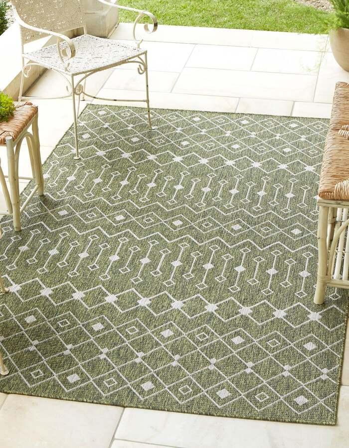 Unique Loom Outdoor Rugs - Outdoor Trellis Tribal 10x14 Rectangular Rug Green