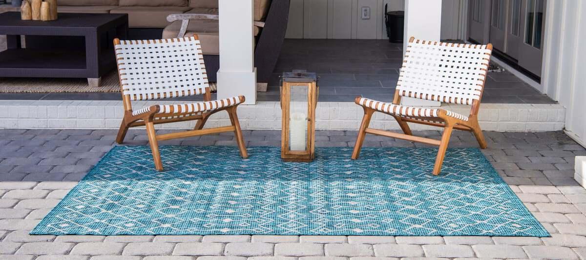 Unique Loom Outdoor Rugs - Outdoor Trellis Tribal 10x14 Rectangular Rug Teal