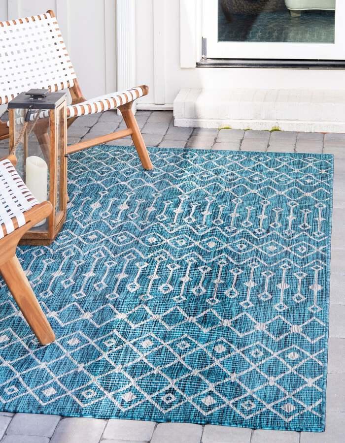 Unique Loom Outdoor Rugs - Outdoor Trellis Tribal 10x14 Rectangular Rug Teal