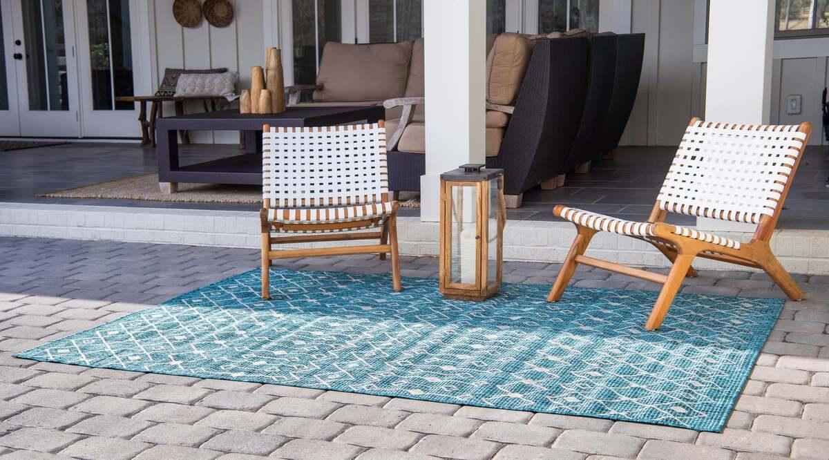 Unique Loom Outdoor Rugs - Outdoor Trellis Tribal 10x14 Rectangular Rug Teal