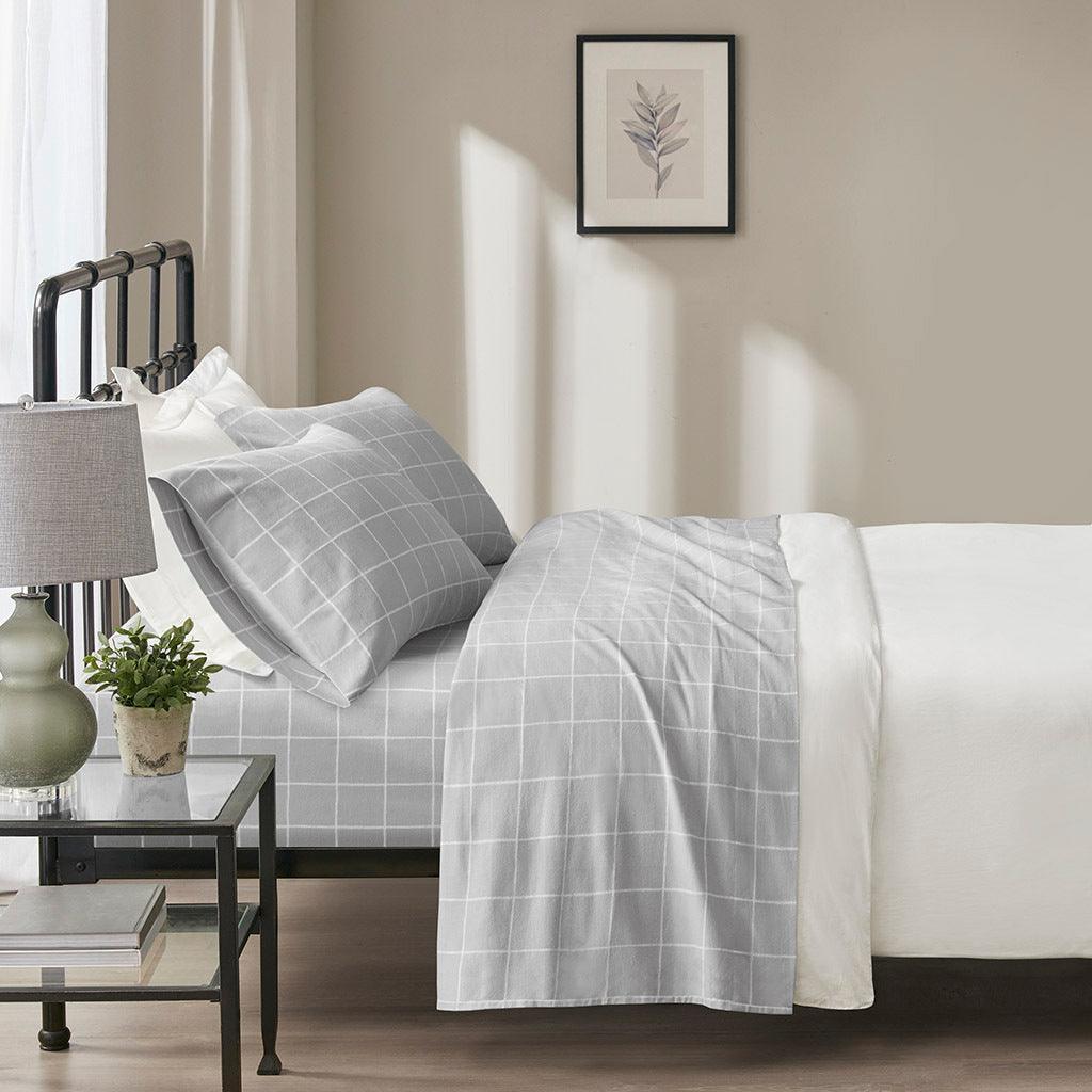 Olliix.com Sheets & Sheet Sets - Oversized Flannel King Sheet Set Gray Windowpane