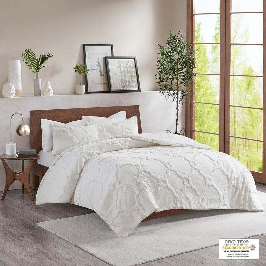 Olliix.com Comforters & Blankets - Pacey 3 Piece Tufted Cotton Chenille Geometric Comforter Set White Queen