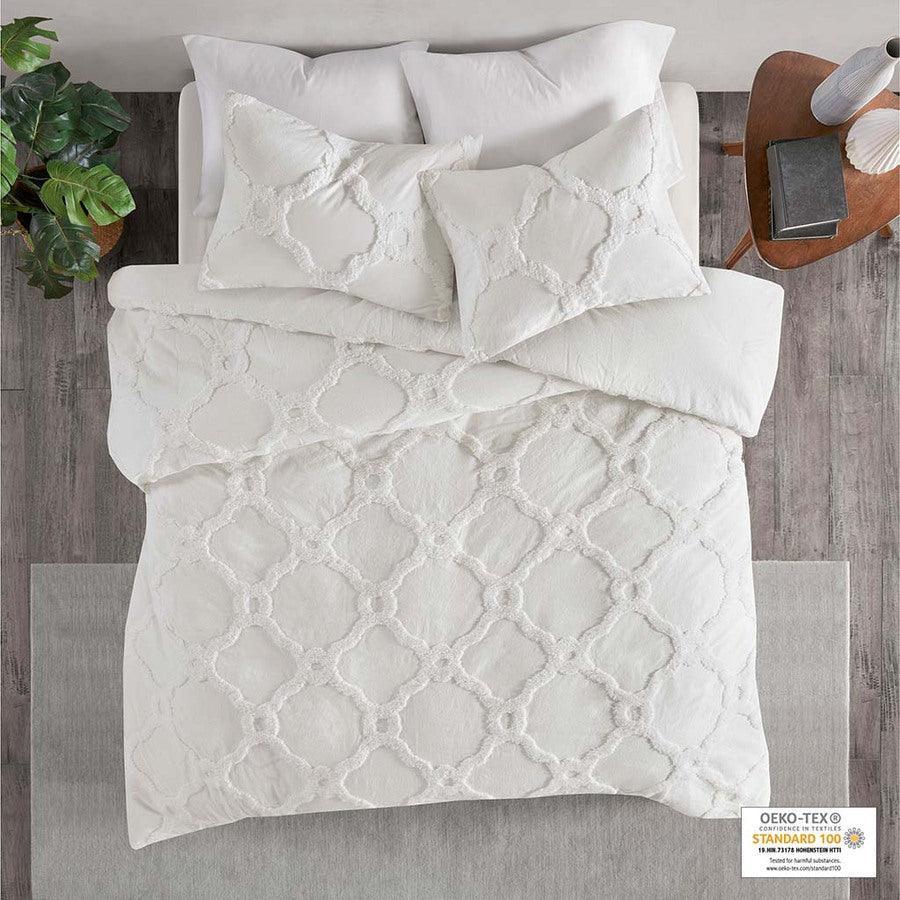 Olliix.com Duvet & Duvet Sets - Pacey Shabby Chic 3 Piece Tufted Cotton Chenille Geometric Duvet Cover Set King/Cal King White