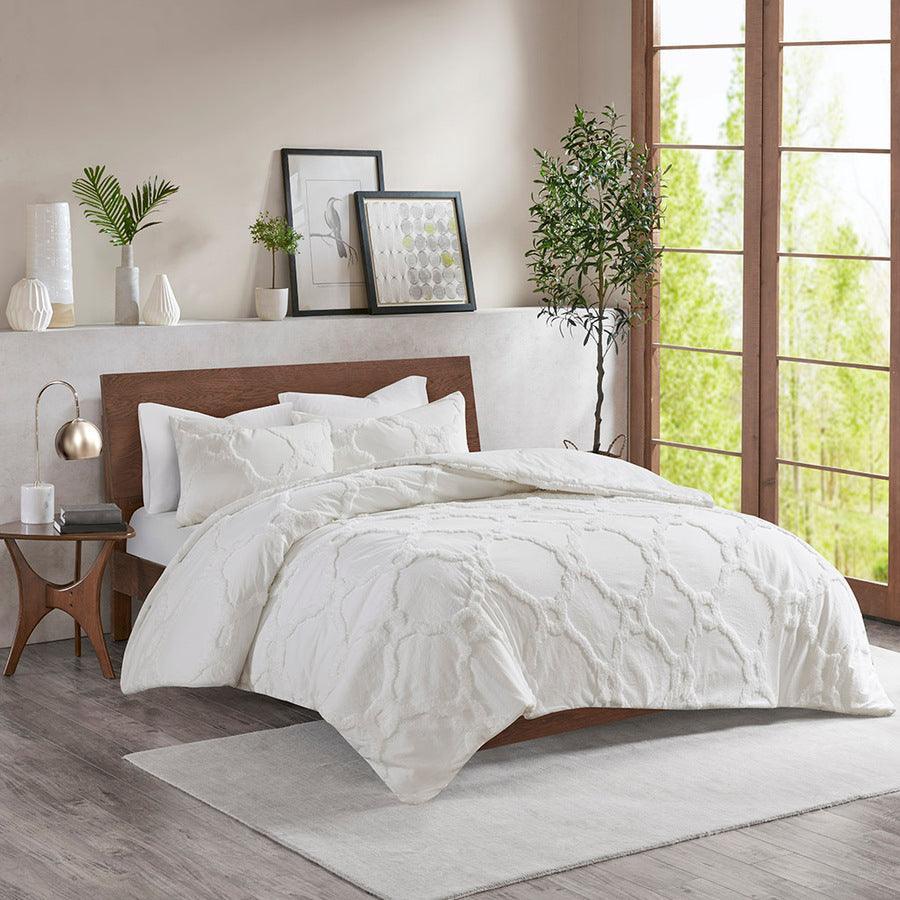 Olliix.com Duvet & Duvet Sets - Pacey Shabby Chic 3 Piece Tufted Cotton Chenille Geometric Duvet Cover Set King/Cal King White