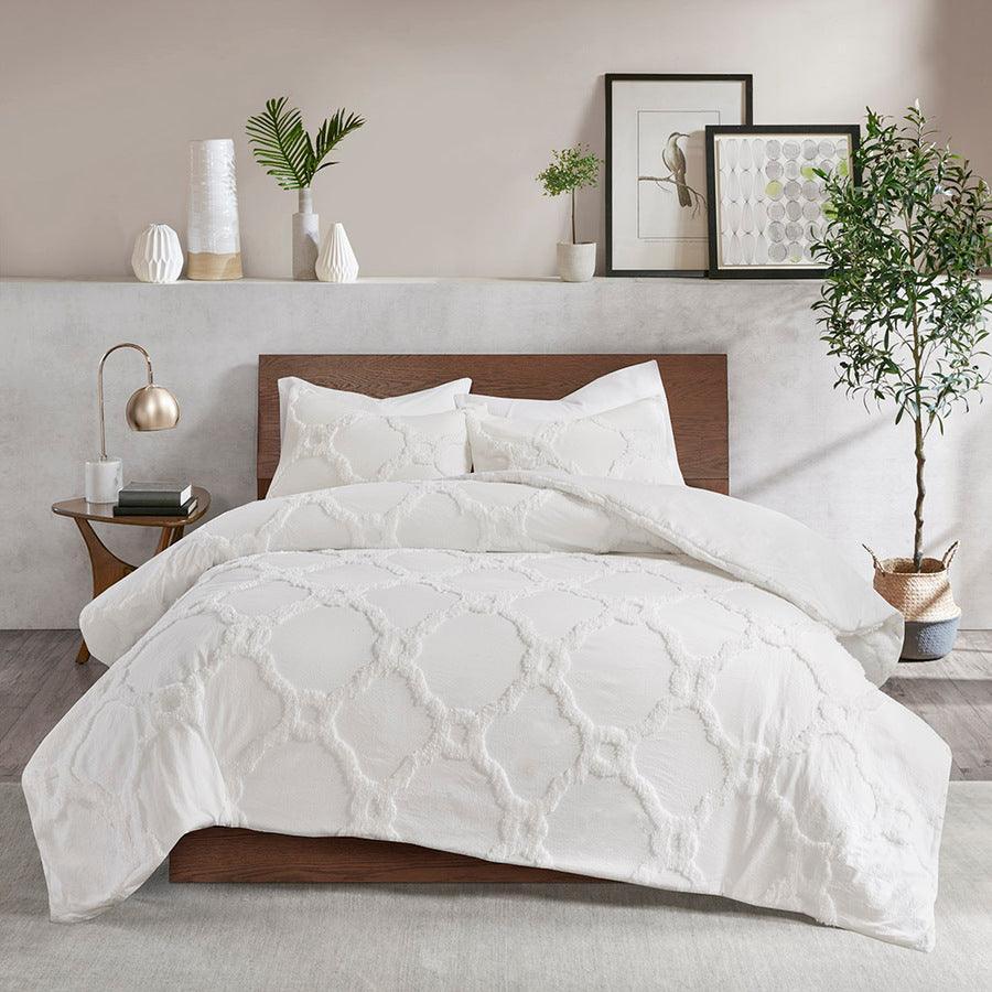 Olliix.com Duvet & Duvet Sets - Pacey Shabby Chic 3 Piece Tufted Cotton Chenille Geometric Duvet Cover Set King/Cal King White