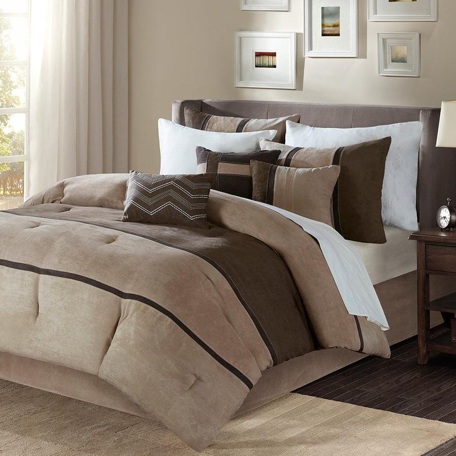 Olliix.com Comforters & Blankets - Palisades Casual| 7 Piece Faux Suede Comforter Set Brown Queen