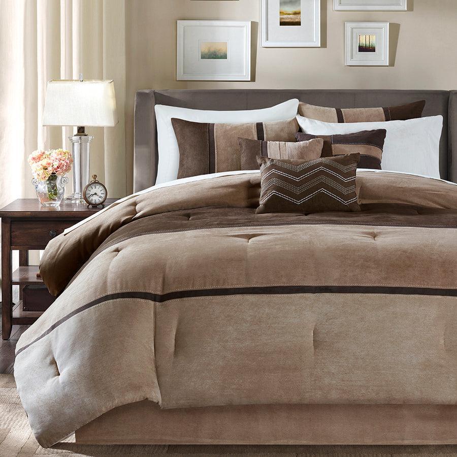 Olliix.com Comforters & Blankets - Palisades King 7 Piece Transitional Faux Suede Comforter Set Brown