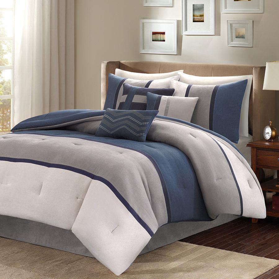 Olliix.com Comforters & Blankets - Palisades Shabby Chic 7 Piece Faux Suede104"W Comforter Set Blue Cal King