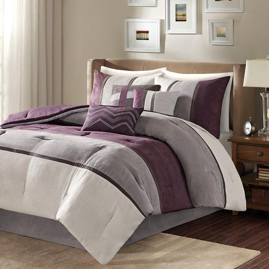 Olliix.com Comforters & Blankets - Palisades Traditional 7 Piece Faux Suede Comforter Set Purple Cal King