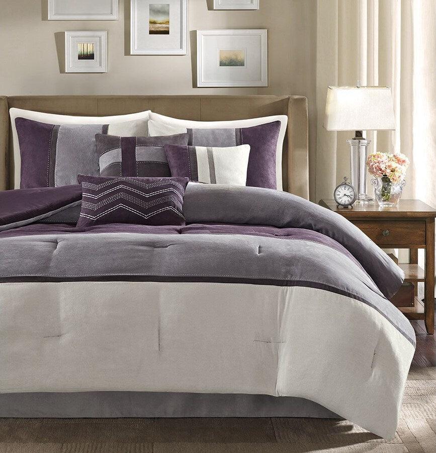 Olliix.com Comforters & Blankets - Palisades Traditional 7 Piece Faux Suede Comforter Set Purple Cal King