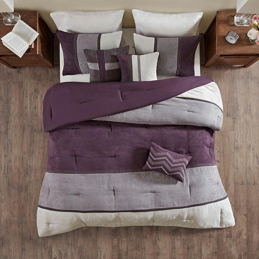 Olliix.com Comforters & Blankets - Palisades Traditional 7 Piece Faux Suede Comforter Set Purple Cal King