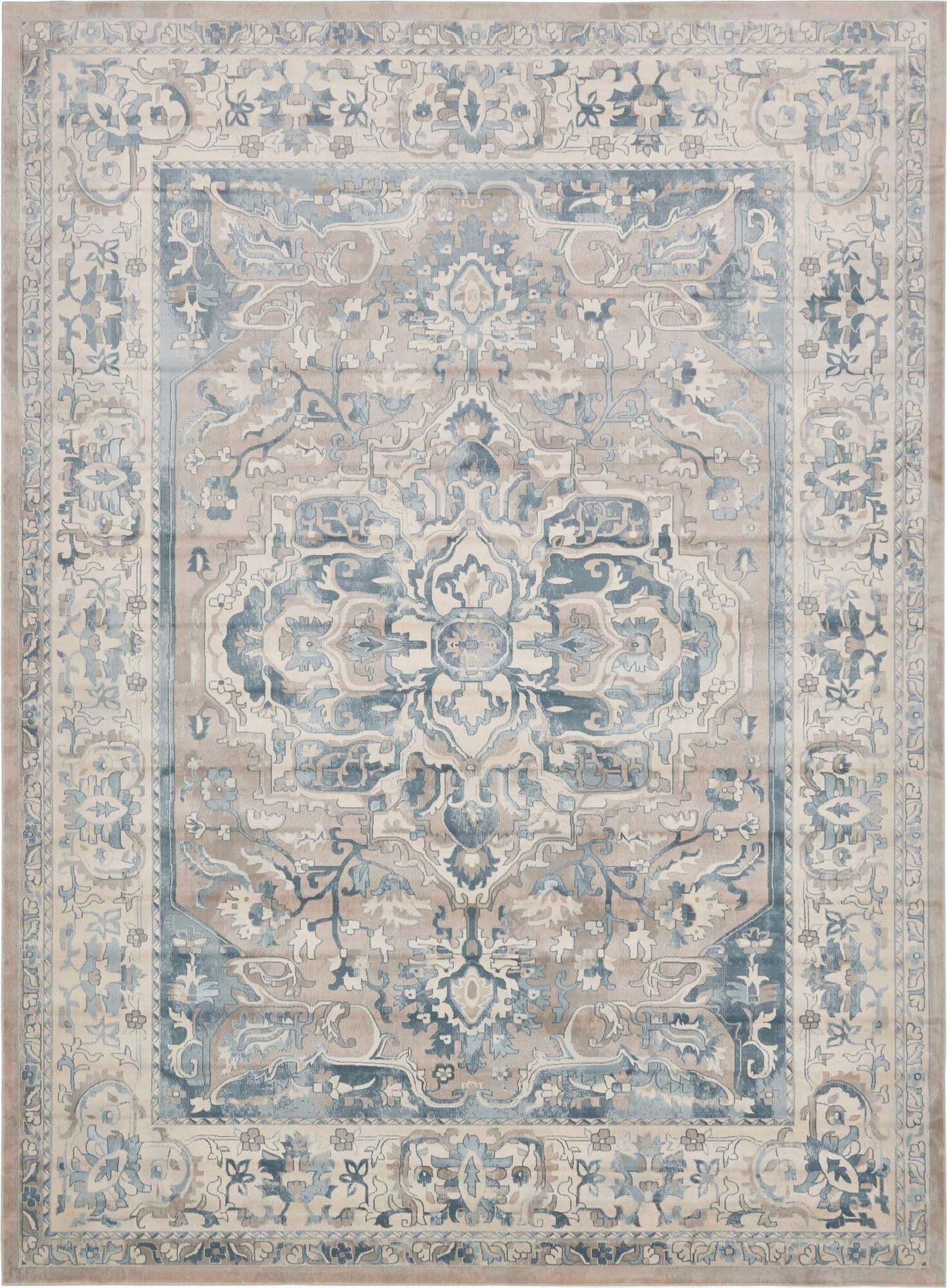 Unique Loom Indoor Rugs - Paris Border Rectangular 9x12 Rug Tan & Blue