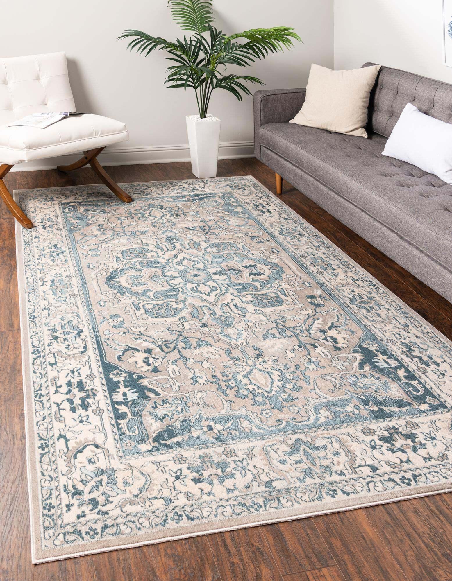Unique Loom Indoor Rugs - Paris Border Rectangular 9x12 Rug Tan & Blue