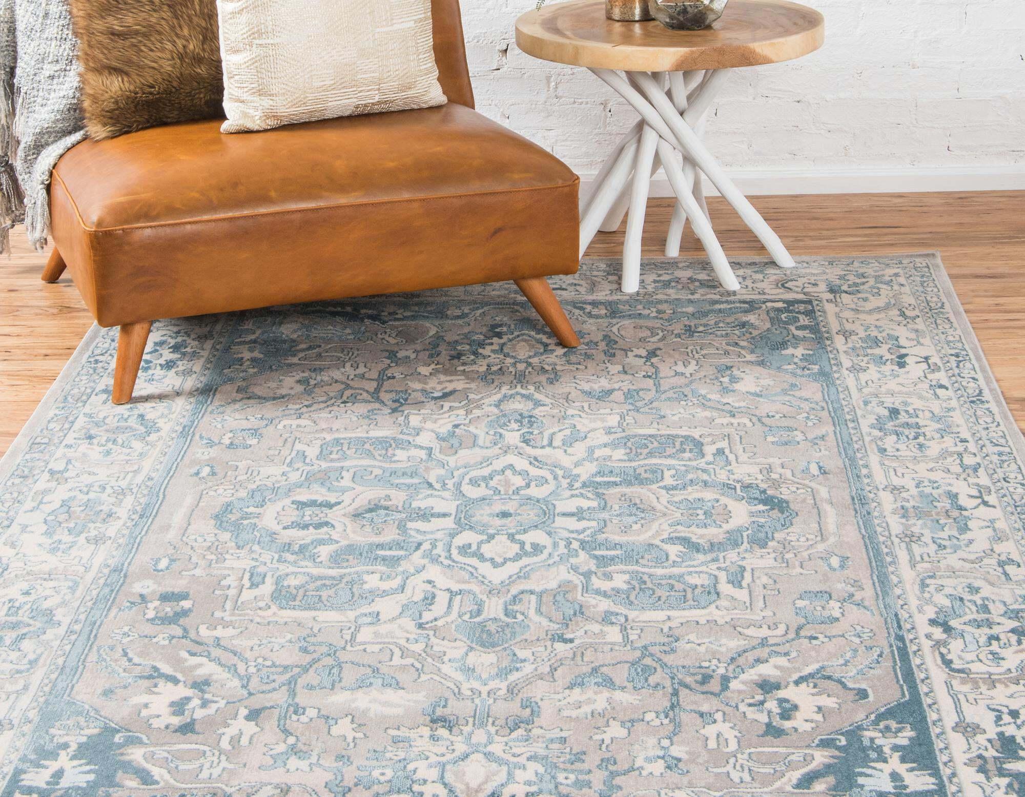 Unique Loom Indoor Rugs - Paris Border Rectangular 9x12 Rug Tan & Blue