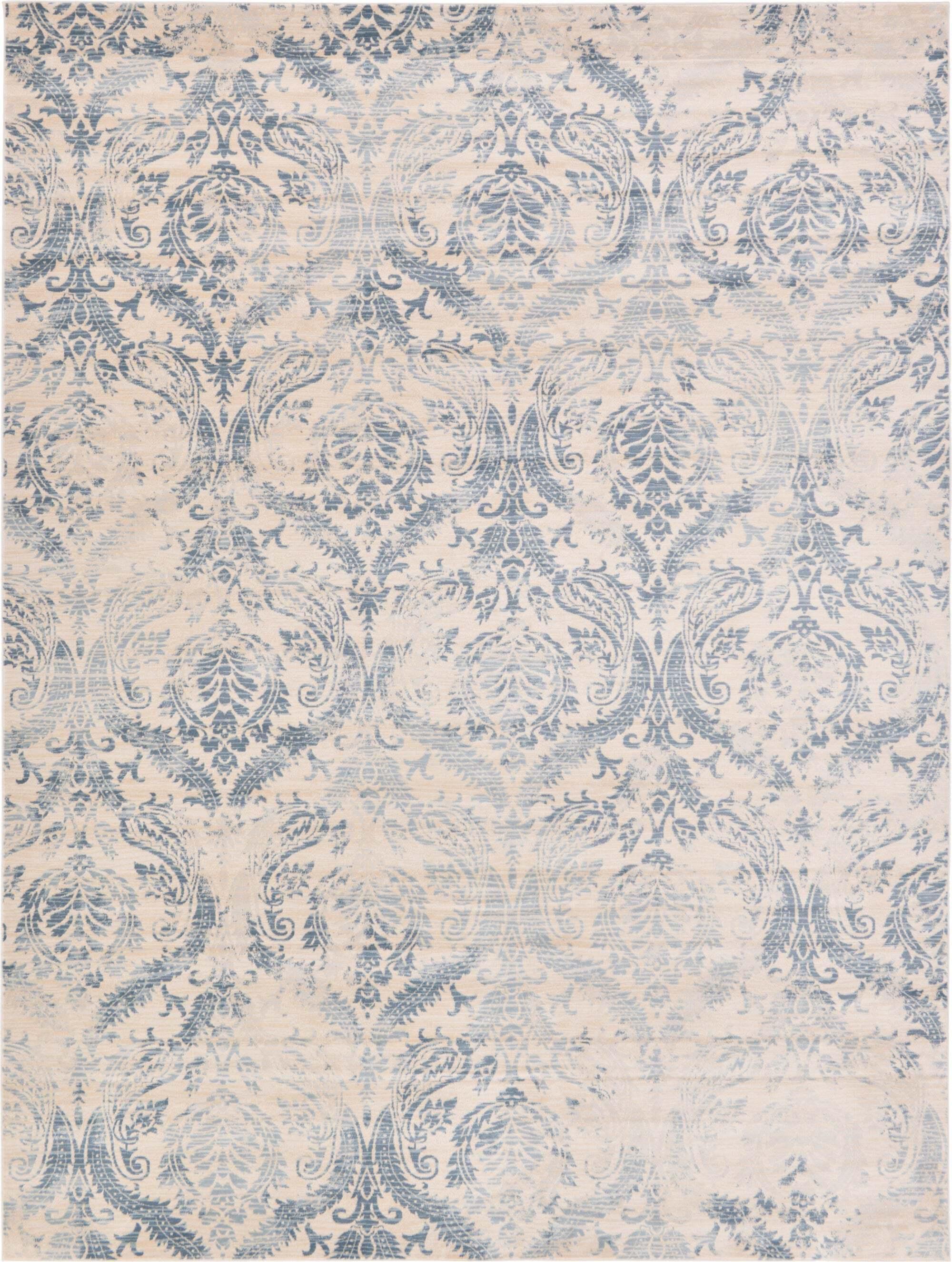Unique Loom Indoor Rugs - Paris Floral Rectangular 9x12 Rug Blue & Beige