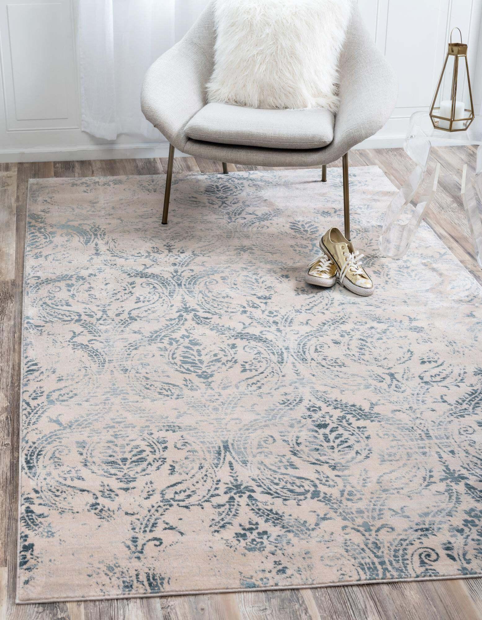 Unique Loom Indoor Rugs - Paris Floral Rectangular 9x12 Rug Blue & Beige