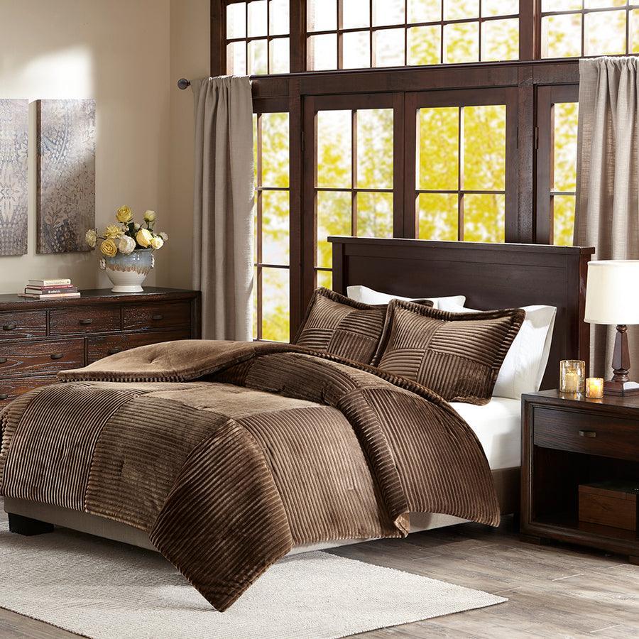 Olliix.com Comforters & Blankets - Parker Corduroy Plush Comforter Mini Set Brown King/Cal King