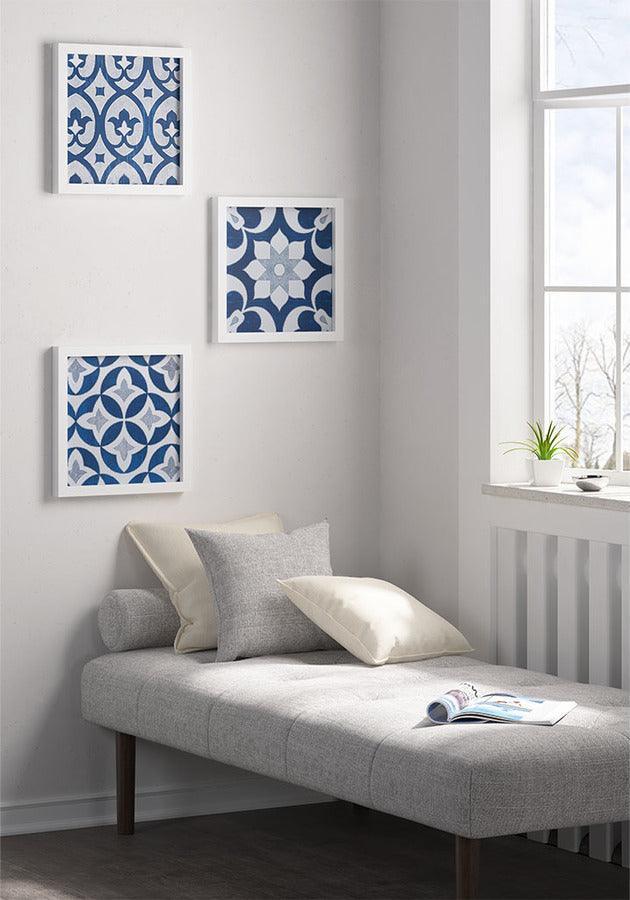 Olliix.com Wall Art - Patterned Tiles Paper Printed with Gel Coat and Framed Wall Decor 3 Piece Set Navy