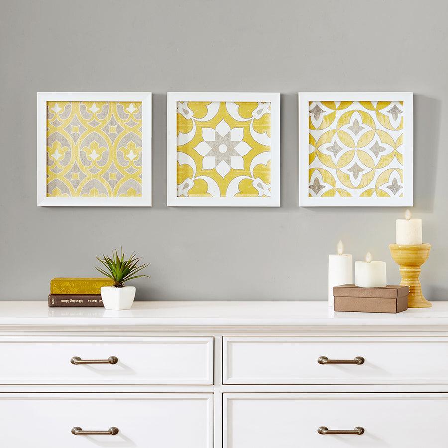 Olliix.com Wall Art - Patterned Tiles Paper Printed with Gel Coat and Framed Wall Decor 3 Piece Set Yellow