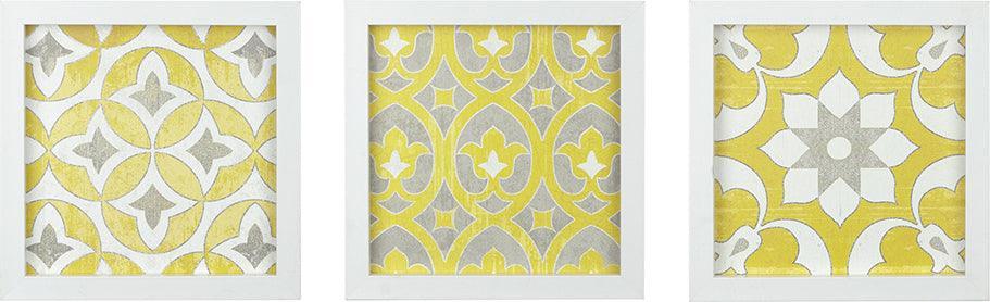 Olliix.com Wall Art - Patterned Tiles Paper Printed with Gel Coat and Framed Wall Decor 3 Piece Set Yellow