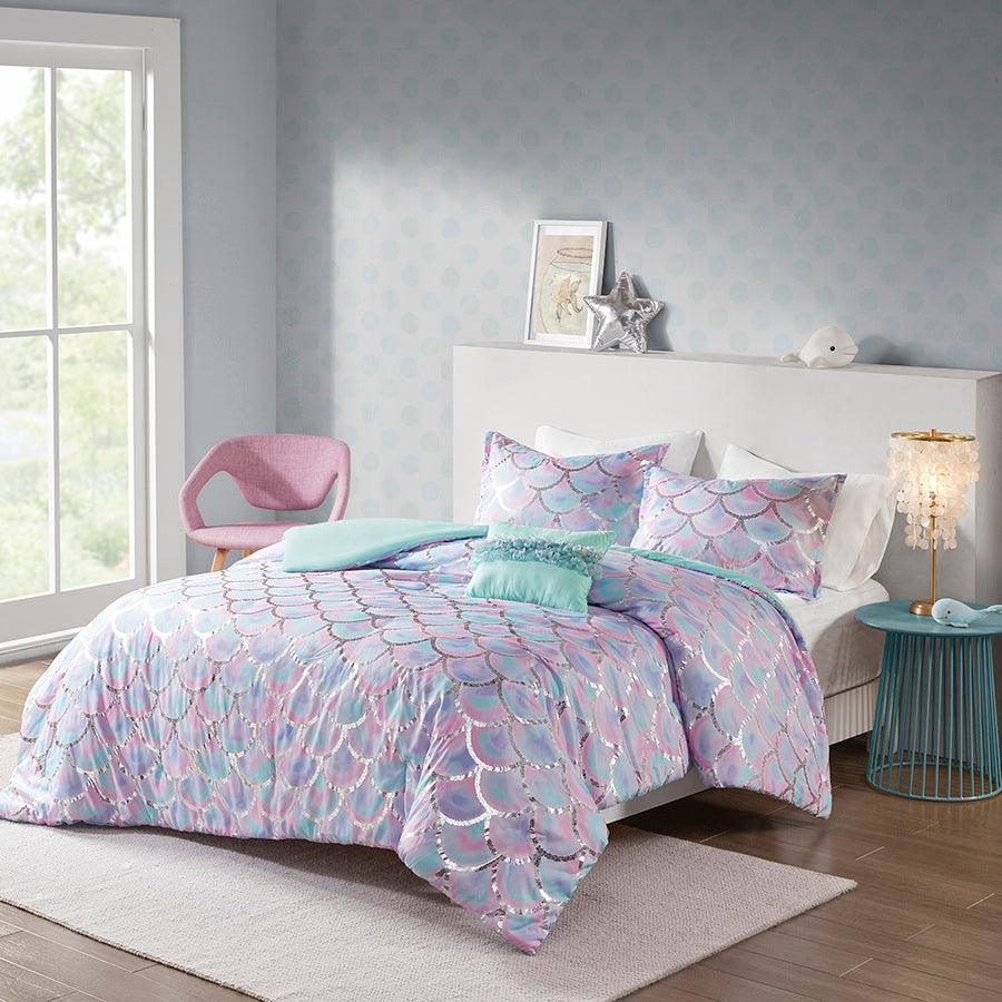 Olliix.com Duvet & Duvet Sets - Pearl Full/Queen Metallic Printed Reversible Duvet Cover Set Aqua & Purple