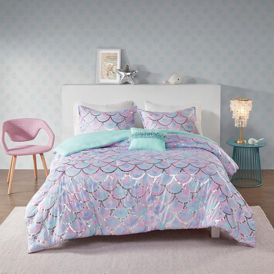 Olliix.com Duvet & Duvet Sets - Pearl Full/Queen Metallic Printed Reversible Duvet Cover Set Aqua & Purple