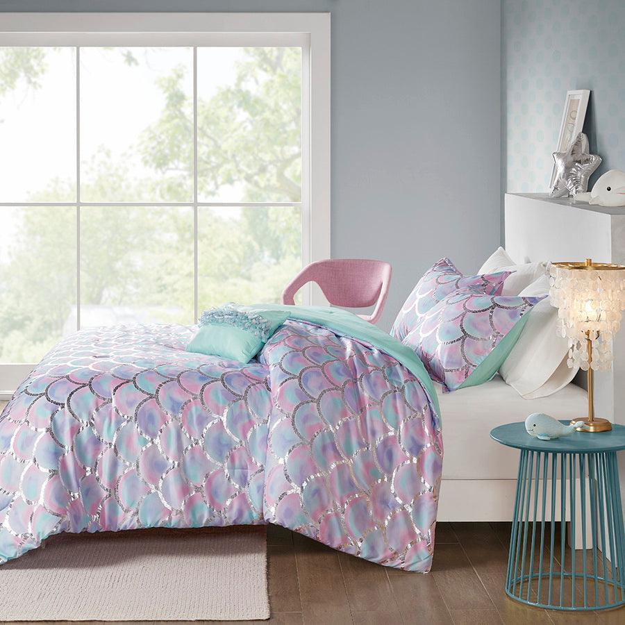 Olliix.com Comforters & Blankets - Pearl Metallic Printed Reversible Comforter Set Aqua & Purple Twin/Twin XL