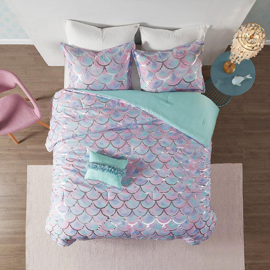 Olliix.com Comforters & Blankets - Pearl Metallic Printed Reversible Comforter Set Aqua & Purple Twin/Twin XL