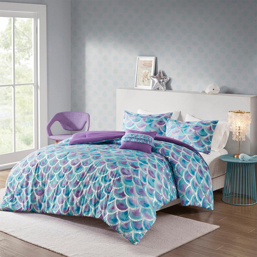 Olliix.com Comforters & Blankets - Pearl Metallic Printed Reversible Comforter Set Teal & Purple Full/Queen
