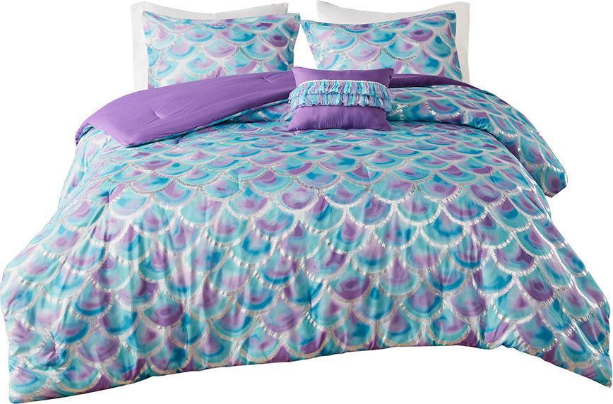 Olliix.com Comforters & Blankets - Pearl Metallic Printed Reversible Comforter Set Teal & Purple Full/Queen
