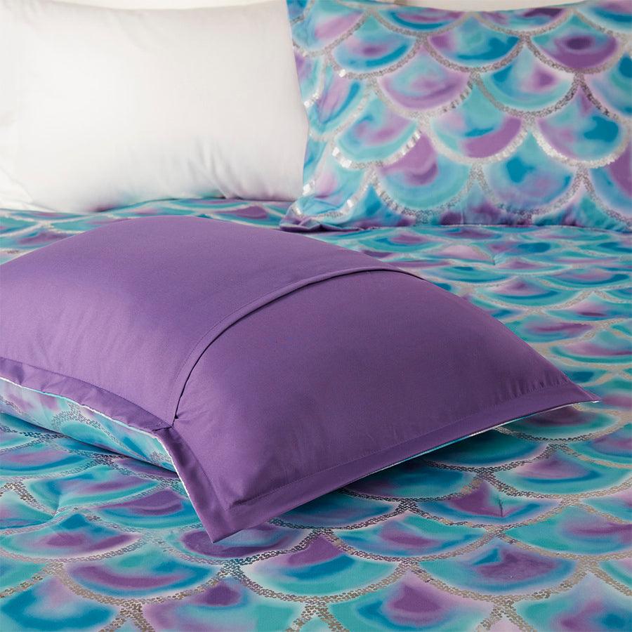 Olliix.com Comforters & Blankets - Pearl Metallic Printed Reversible Comforter Set Teal & Purple Full/Queen