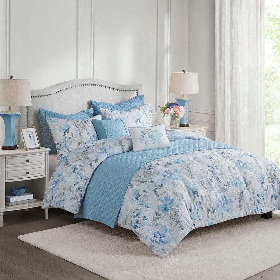 Olliix.com Comforters & Blankets - Pema 8 PC Printed Comforter and Coverlet Set Collection Blue