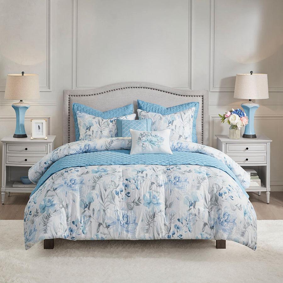 Olliix.com Comforters & Blankets - Pema 8 PC Printed Comforter and Coverlet Set Collection Blue