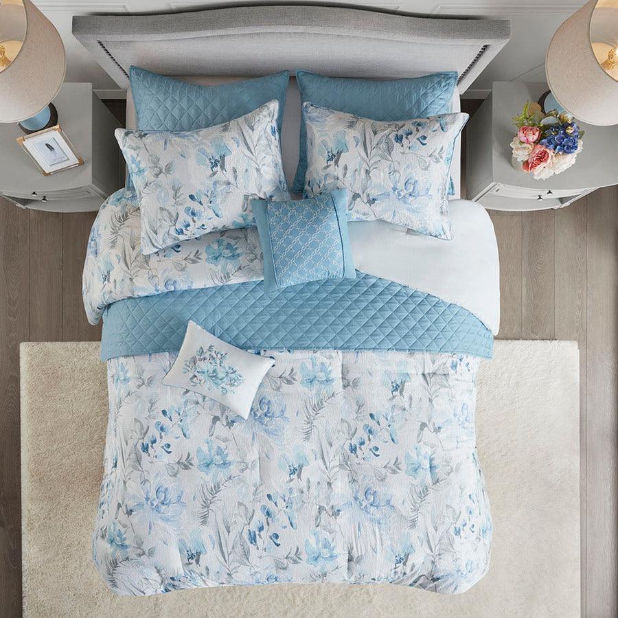 Olliix.com Comforters & Blankets - Pema 8 PC Printed Comforter and Coverlet Set Collection Blue