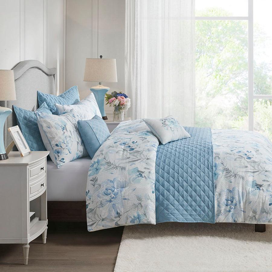 Olliix.com Comforters & Blankets - Pema 8 PC Printed Comforter and Coverlet Set Collection Blue