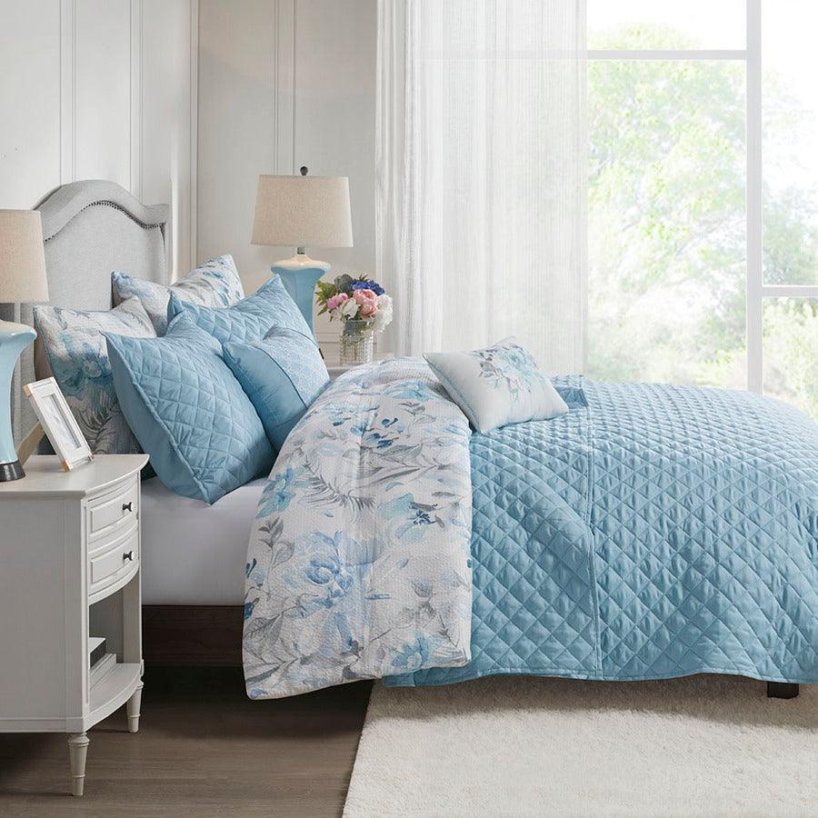 Olliix.com Comforters & Blankets - Pema 8 PC Printed Comforter and Coverlet Set Collection Blue