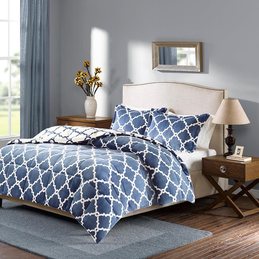 Olliix.com Comforters & Blankets - Peyton Reversible Plush Comforter Mini Set Navy Full/Queen