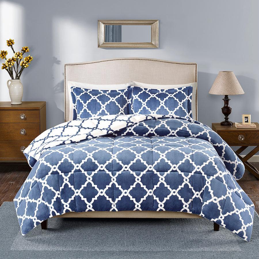 Olliix.com Comforters & Blankets - Peyton Reversible Plush Comforter Mini Set Navy Full/Queen