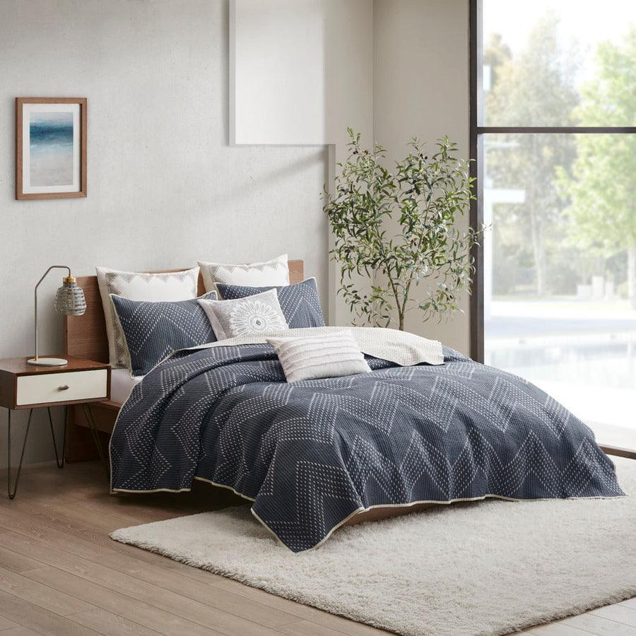 Olliix.com Comforters & Blankets - Pomona Cotton Embroidered 3 Piece Coverlet Set Navy