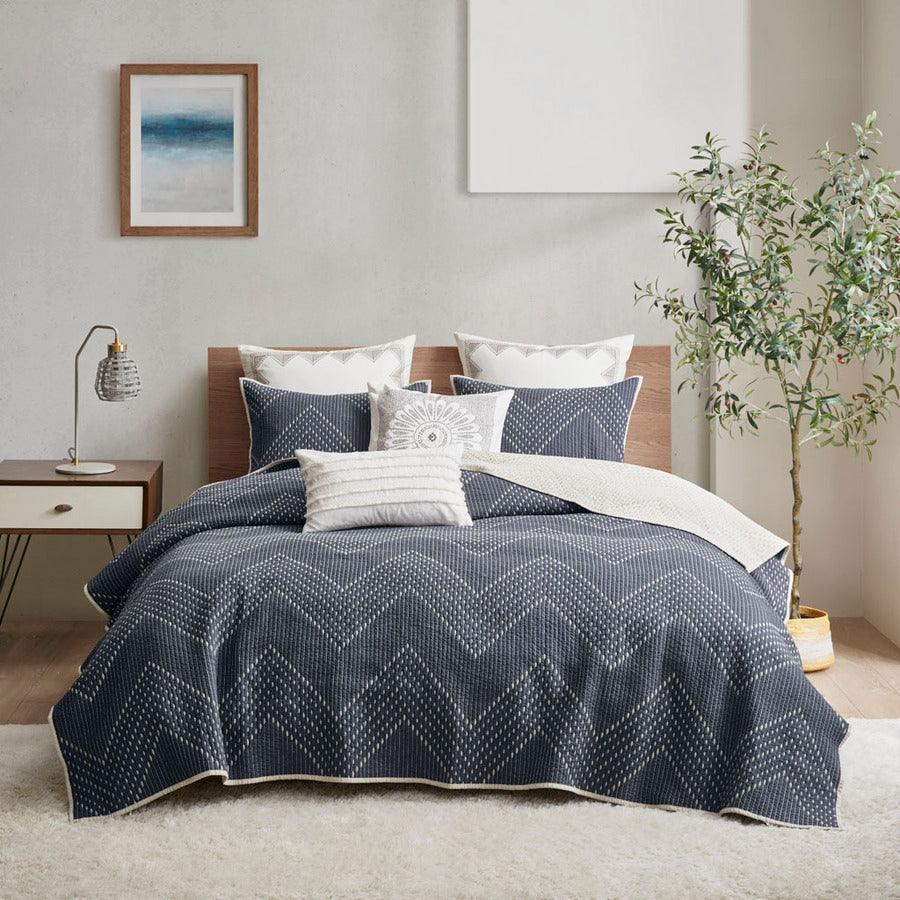 Olliix.com Comforters & Blankets - Pomona Cotton Embroidered 3 Piece Coverlet Set Navy