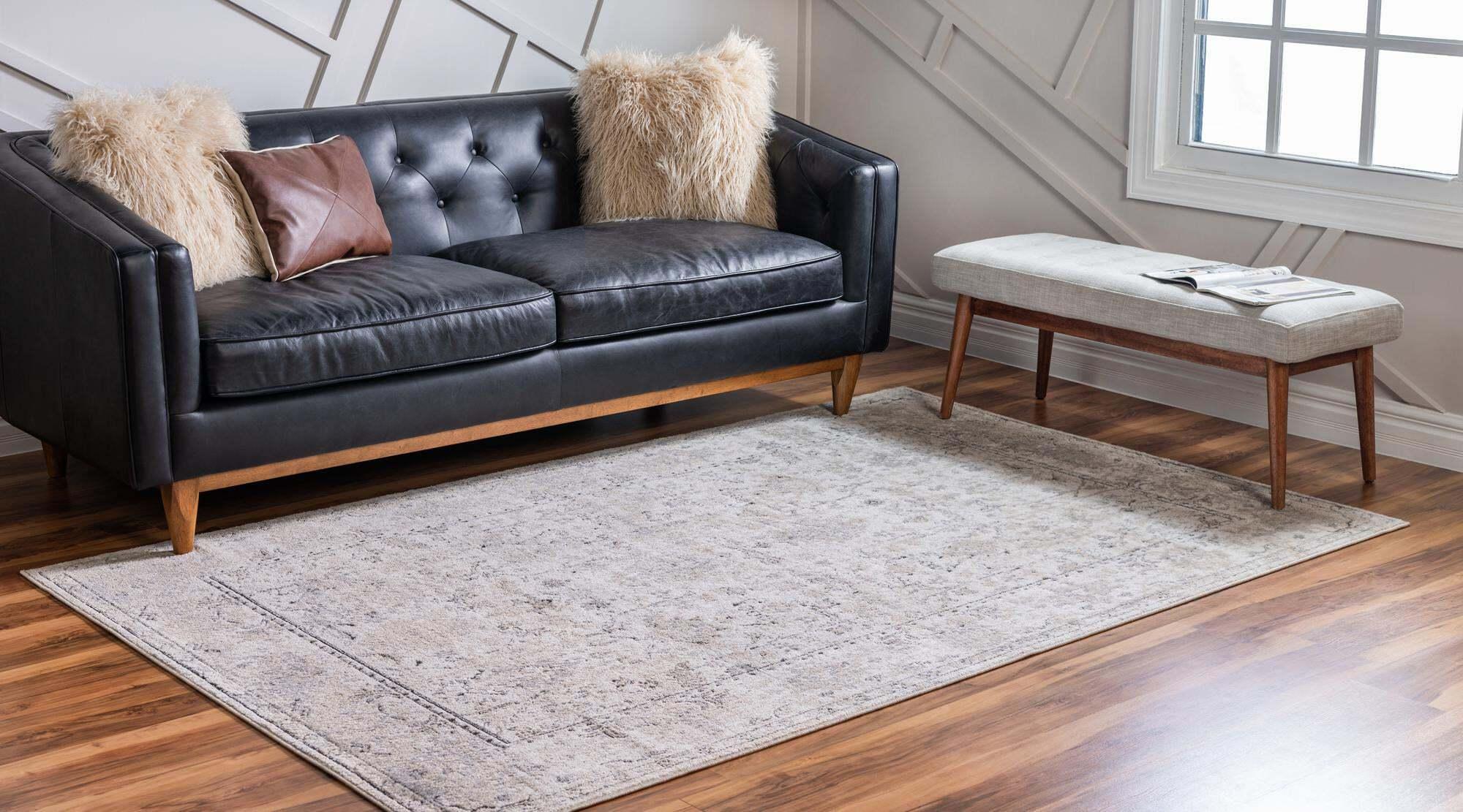 Unique Loom Indoor Rugs - Portland Border Rectangular 8x11 Rug Ivory & Gray