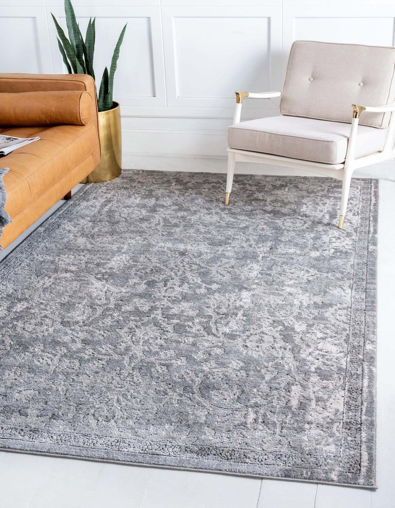 Unique Loom Indoor Rugs - Portland Floral Rectangular 8x10 Rug Gray & Ivory