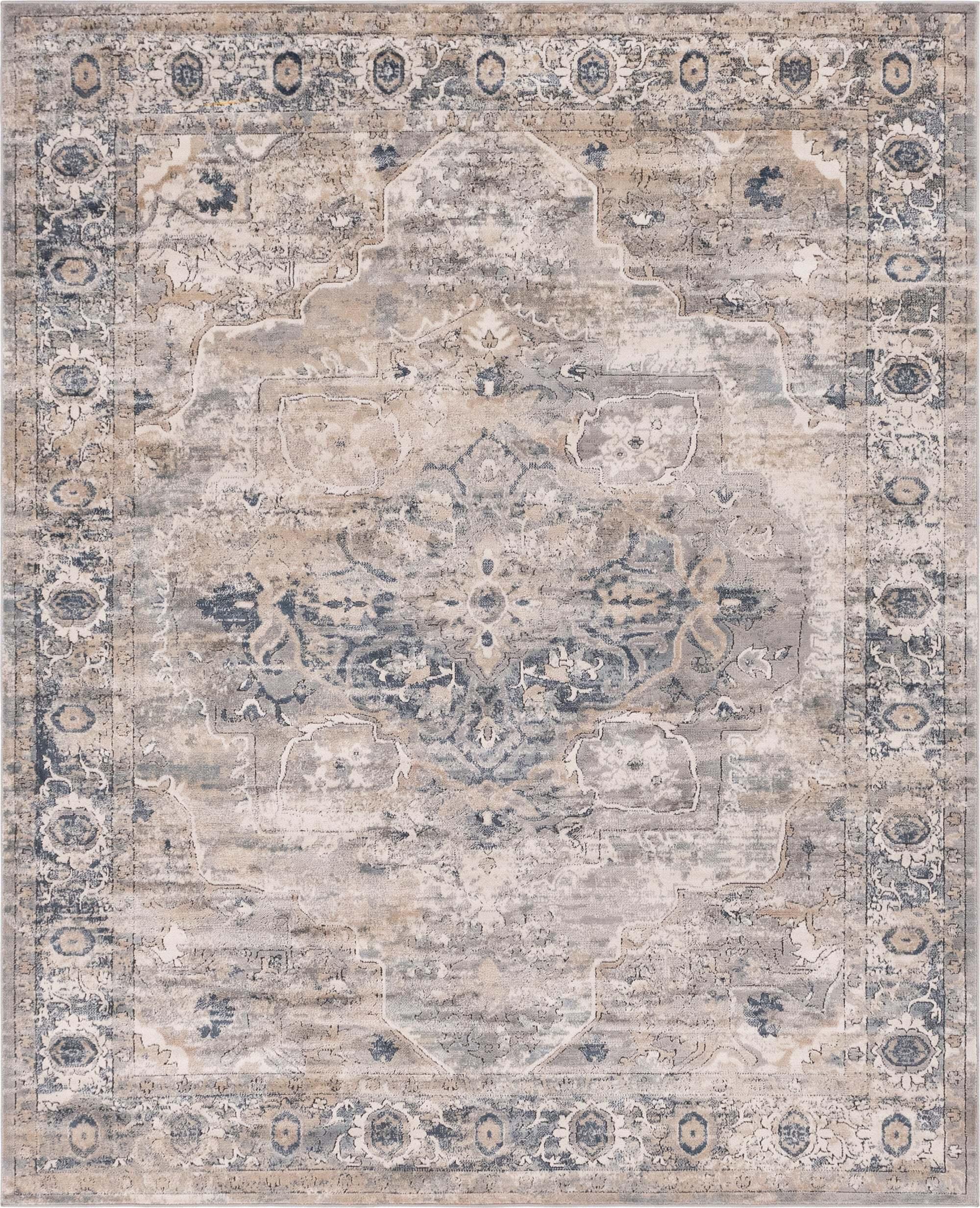 Unique Loom Indoor Rugs - Portland Medallion Rectangular 8x10 Rug Ivory & Gray