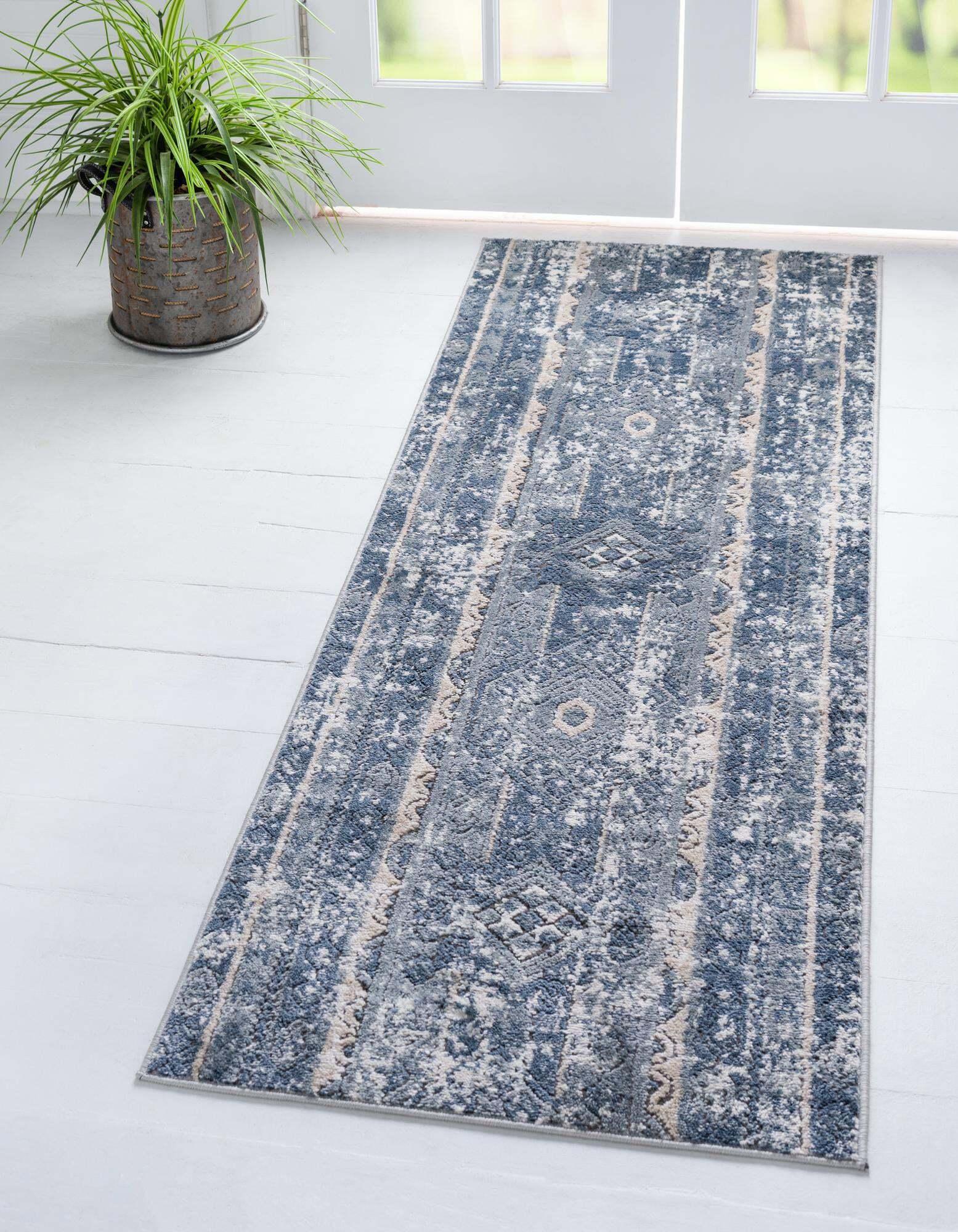 Unique Loom Indoor Rugs - Portland Striped 6 Ft Runner Rug Blue & Multicolor