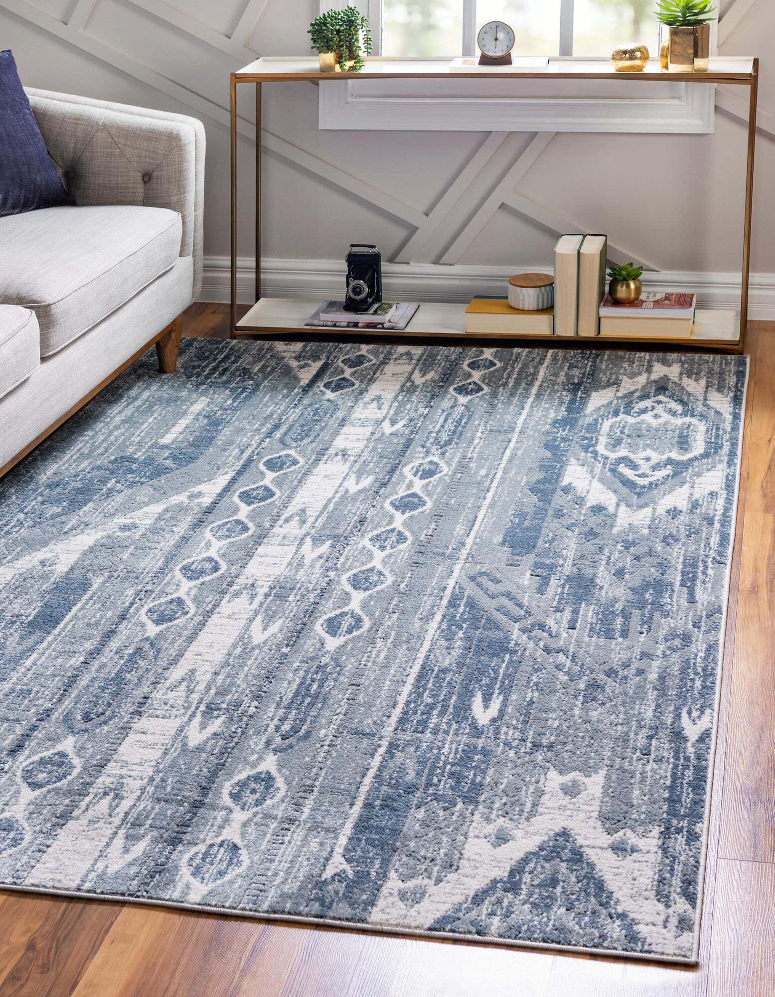 Unique Loom Indoor Rugs - Portland Striped Rectangular 8x10 Rug Blue & Gray