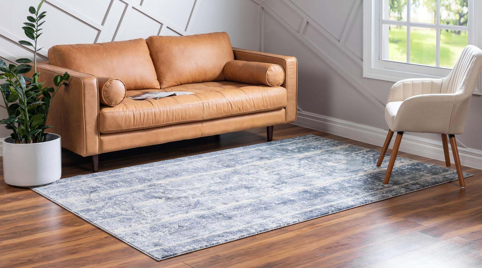 Unique Loom Indoor Rugs - Portland Striped Rectangular 8x10 Rug Blue & Ivory