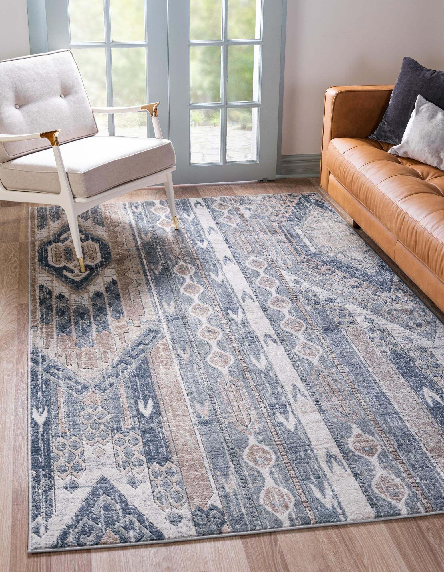 Unique Loom Indoor Rugs - Portland Striped Rectangular 8x10 Rug Navy Blue & Tan