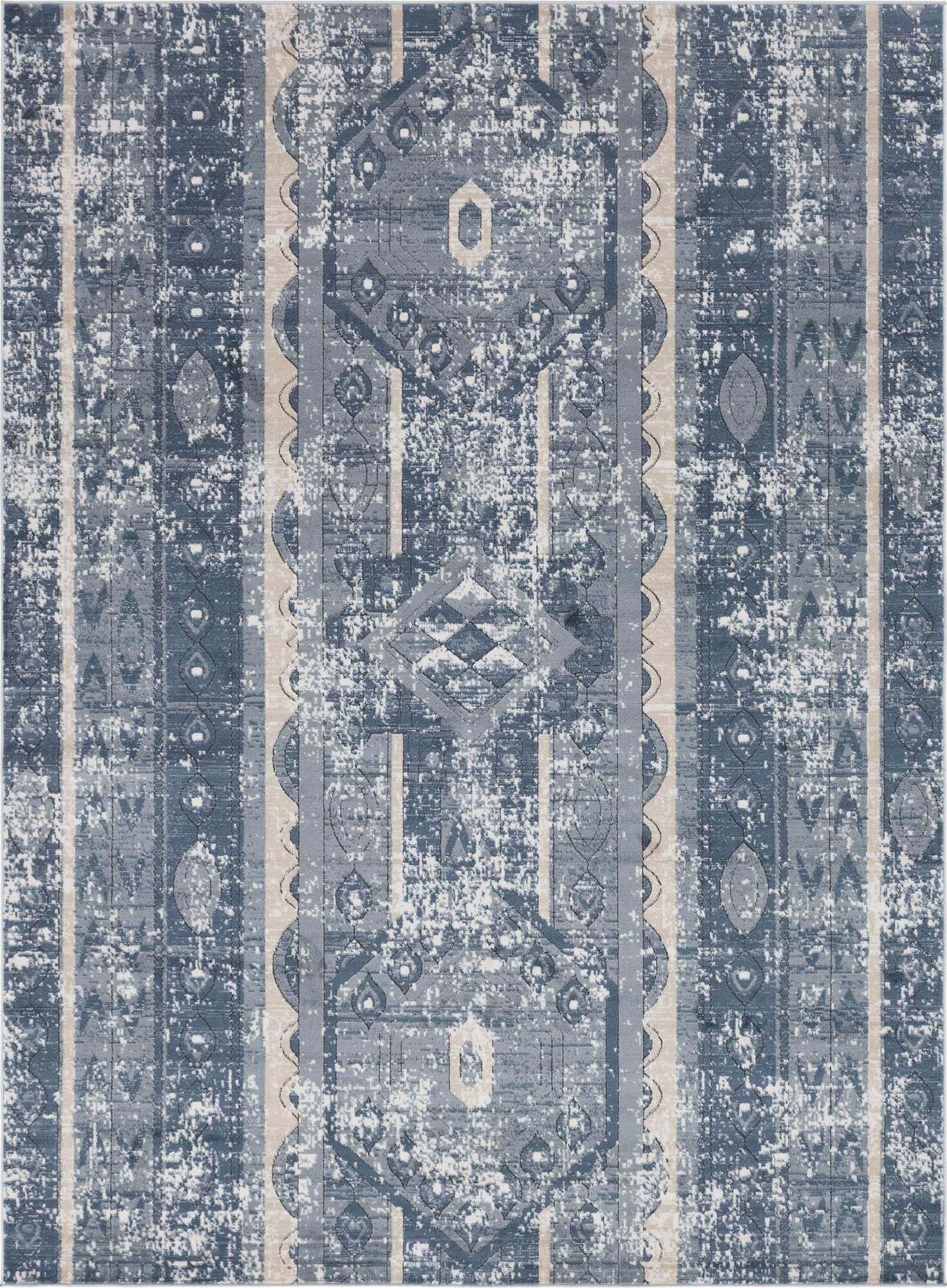 Unique Loom Indoor Rugs - Portland Striped Rectangular 8x11 Rug Blue & Ivory