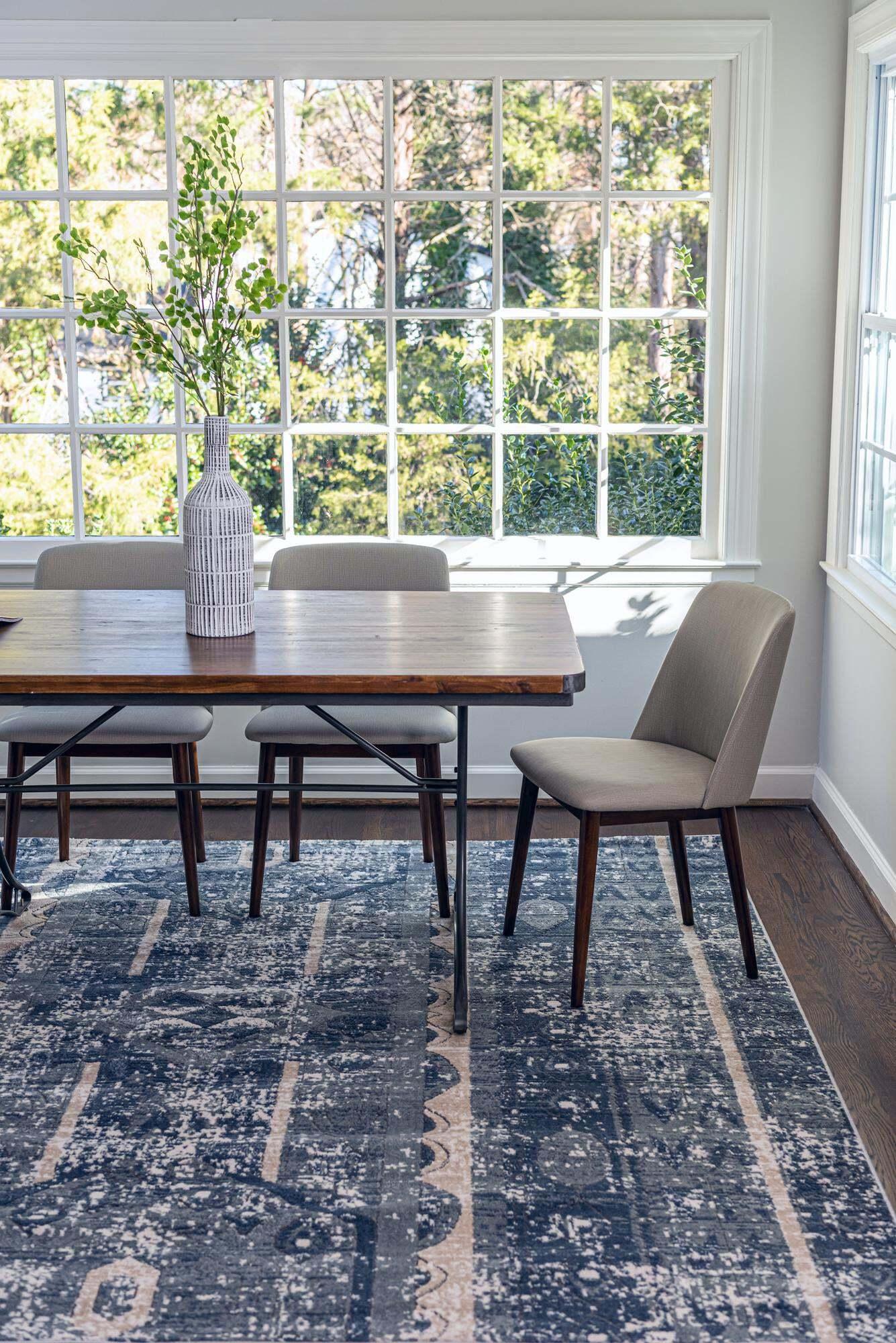 Unique Loom Indoor Rugs - Portland Striped Rectangular 8x11 Rug Blue & Ivory