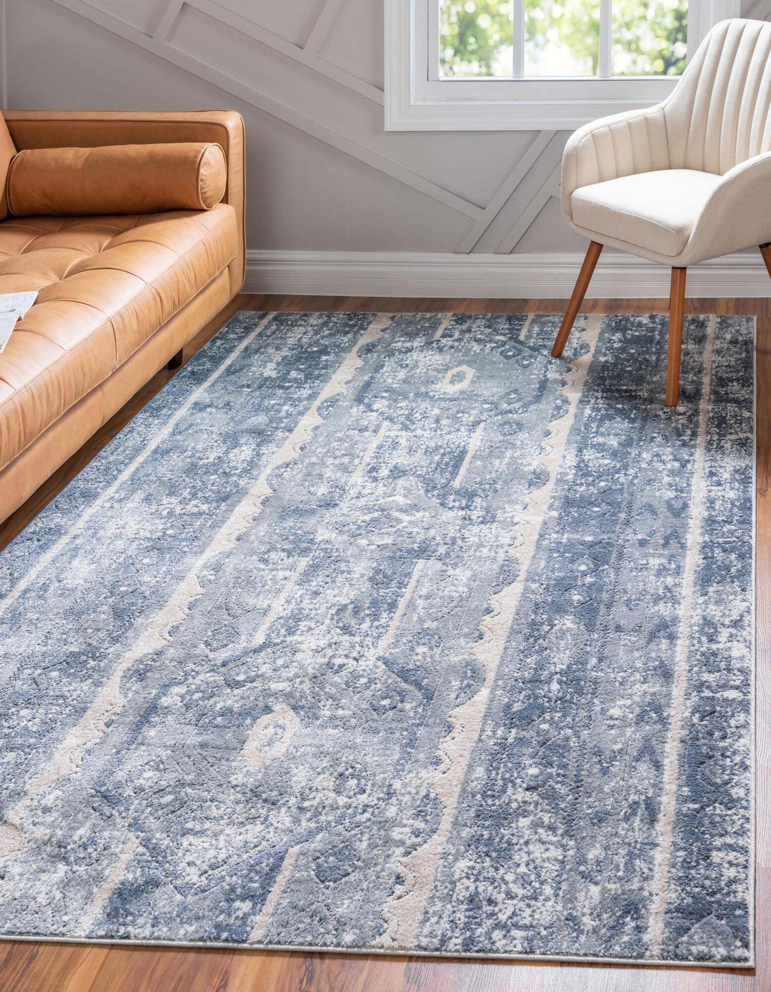 Unique Loom Indoor Rugs - Portland Striped Rectangular 8x11 Rug Blue & Ivory